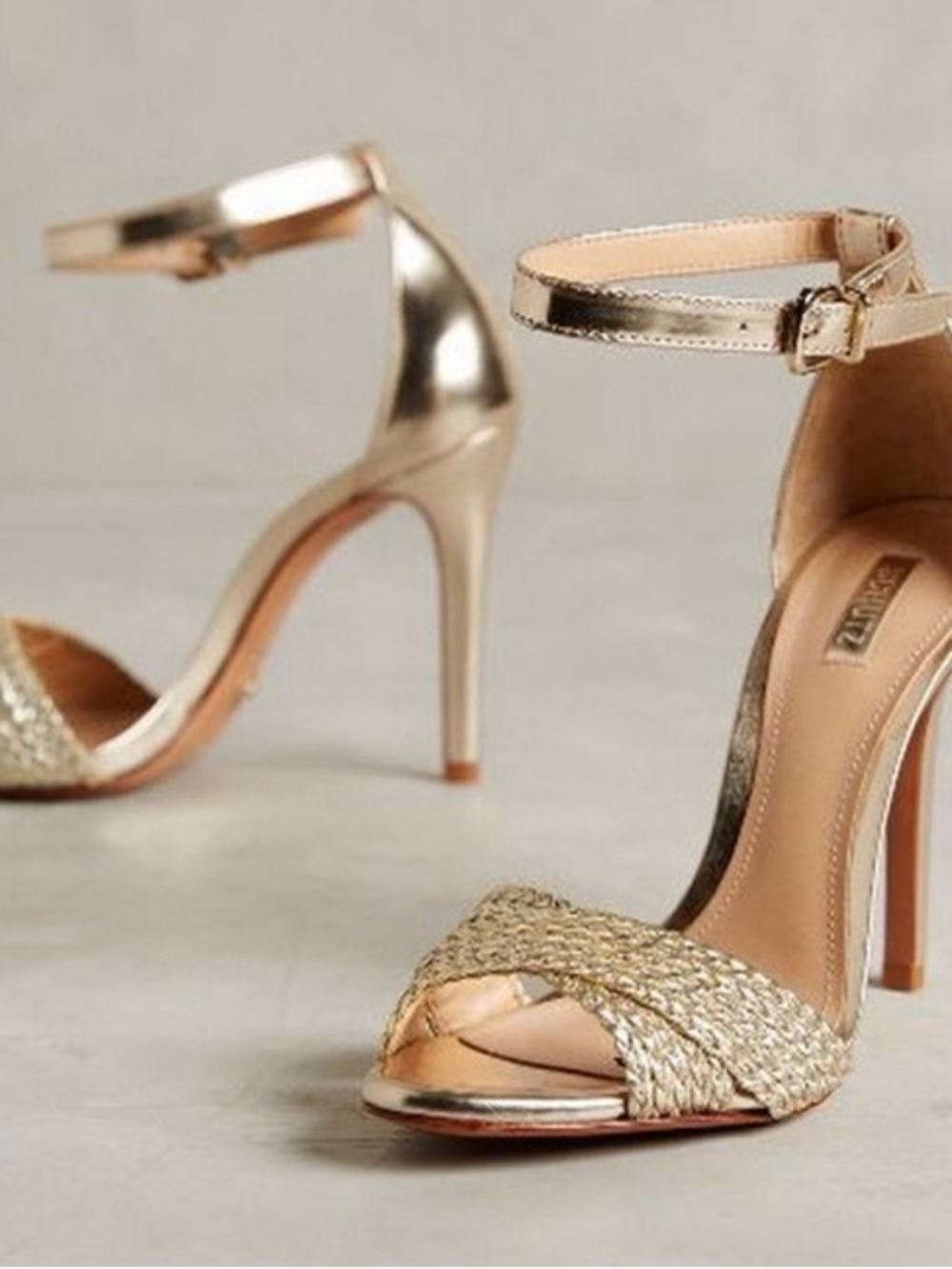 Schutz Gold Leather Strap Heeled Sandals
